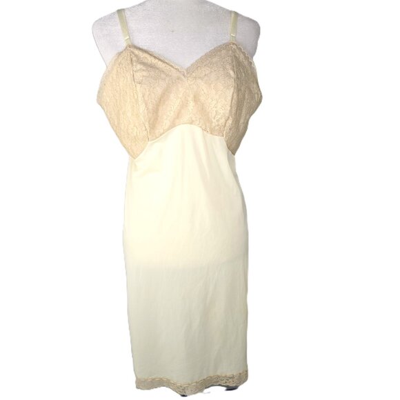 Vintage 70s Lorraine Lingerie Yellow Satin Nylon Lace Slip Dress